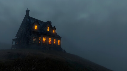 Fototapeta premium Misty haunted house at night, spooky Halloween background