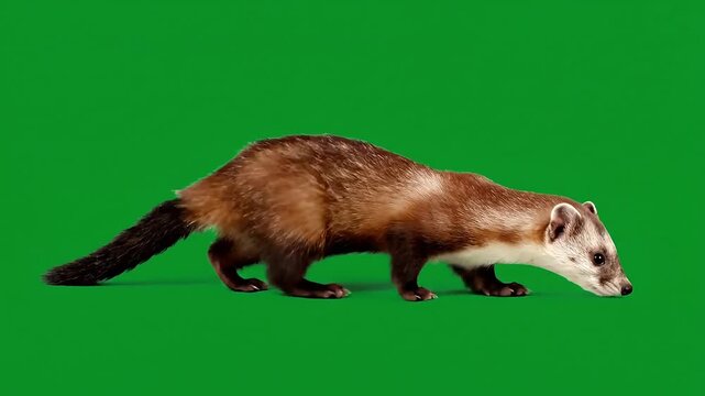 Curious ferret sniffs the ground on a solid green background