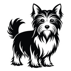 Stylized Black and White Illustration of a Yorkshire Terrier with Fluffy Fur and Tail