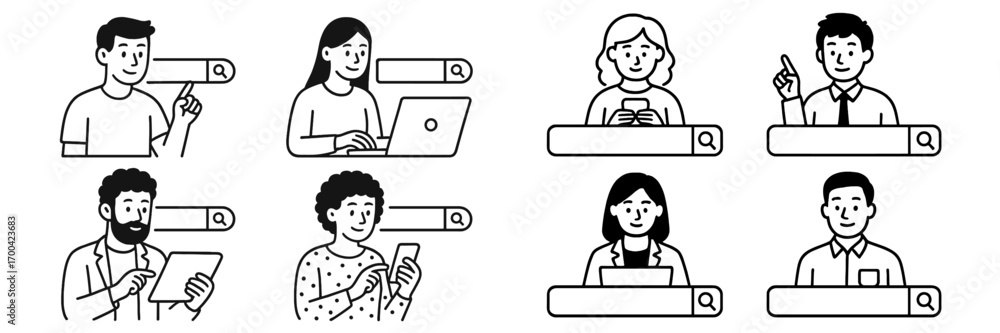 Poster set of diverse people characters using search bars on various devices like laptops and smartphones f
