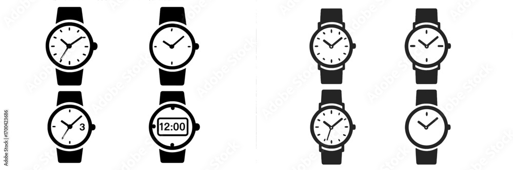 Aufkleber set of black wristwatch icons showing analog and digital clock faces for timekeeping and scheduling 