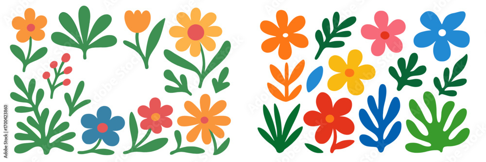 Poster modern botanical collection with abstract flowers and leaves in a naive art style, set of colorful d