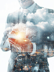 Obraz premium A professional in a suit interacts with a smartphone, surrounded by a dreamy cityscape and clouds, symbolizing connectivity and innovation.