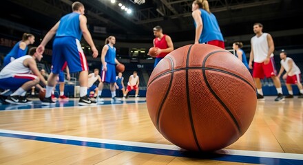 Naklejka premium Close-up Basketball on Court with Players in Action