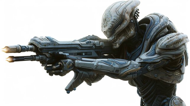 Futuristic warrior in battle armor ready to fire a weapon in a sci-fi setting