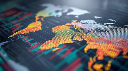 Global stock market analysis with world map overlay and financial graphs for business intelligence and strategic investment planning