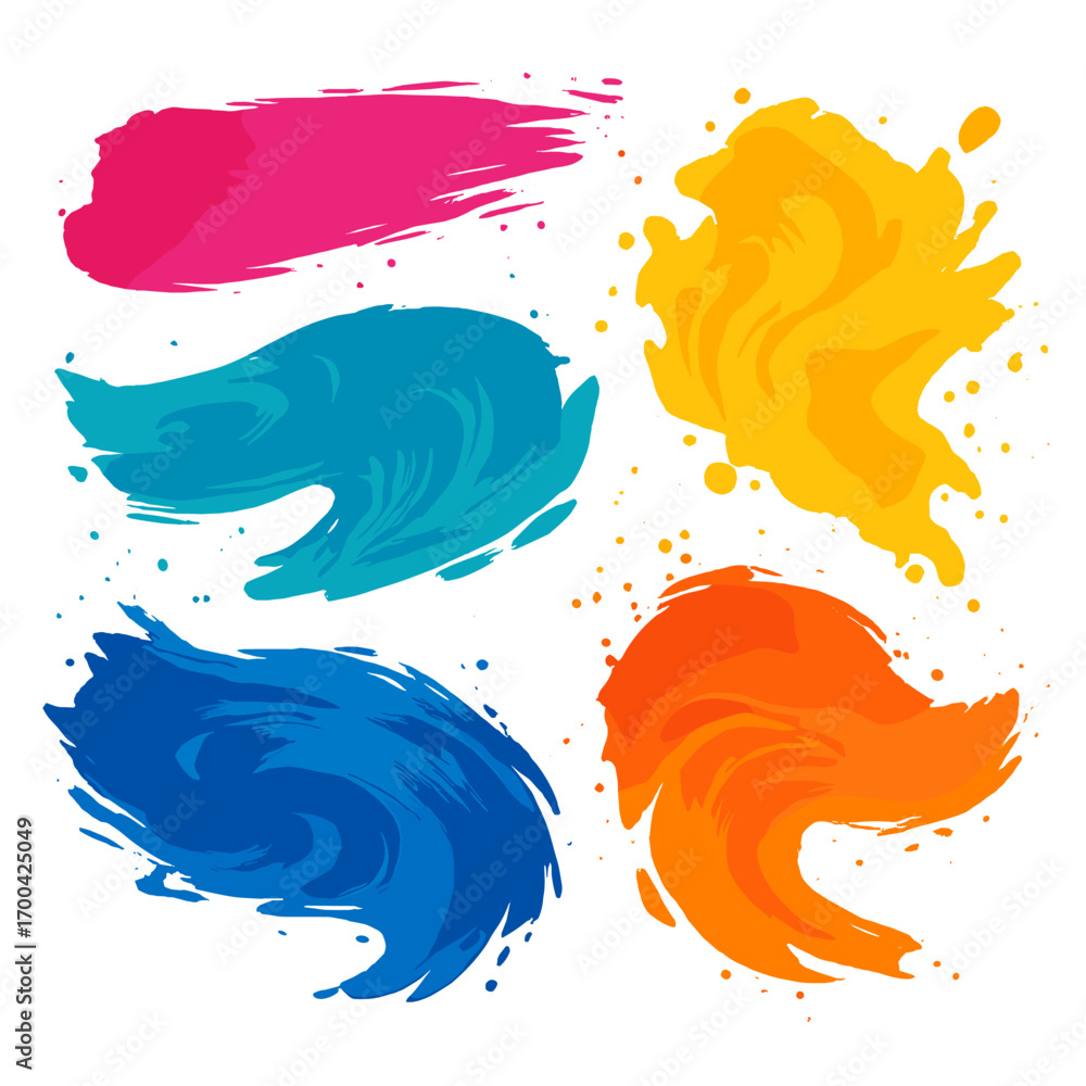 Poster Collection of vibrant and colorful abstract paint strokes and splashes isolated on a white background for creative design elements