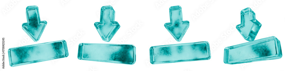 Poster set of four 3d move down shapes in frosted blue ice glass style, isolated on a transparent backgroun