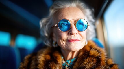 An elegant older woman wearing blue sunglasses gazes thoughtfully while seated on a train, combining a retro style with a contemporary vibe, evoking a sense of sophistication.