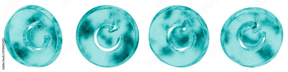 Poster set of four 3d redo circle shapes in frosted blue ice glass style, isolated on a transparent backgro