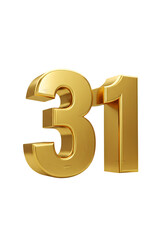 Golden 3D Rendered Number Thirty-One Isolated on a Transparent Background