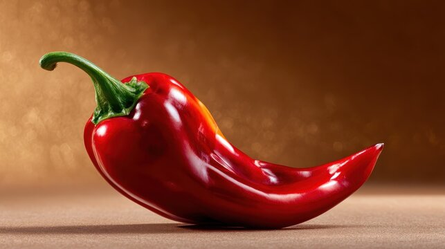 A vividly colored red chili pepper rests elegantly on a shimmering brown surface, reflecting light. This still life captures the essence of spice and flavor in culinary art.