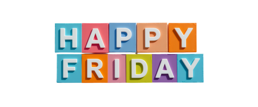 Colorful blocks arranged to display the cheerful message happy friday on a black background