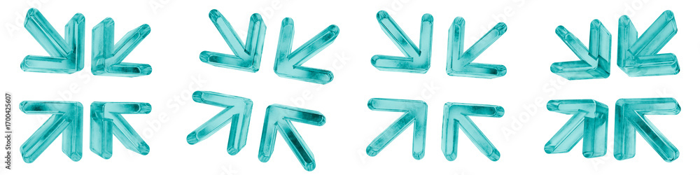 Poster set of four 3d reduce decrease shapes in frosted blue ice glass style, isolated on a transparent bac