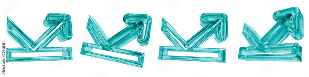 Poster set of four 3d reflection outline shapes in frosted blue ice glass style, isolated on a transparent 