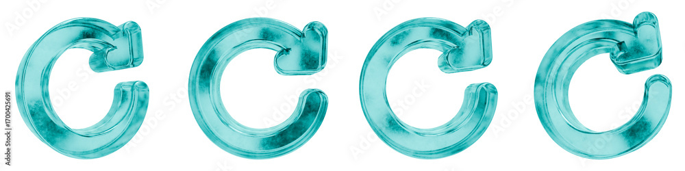 Poster set of four 3d reload shapes in frosted blue ice glass style, isolated on a transparent background. 