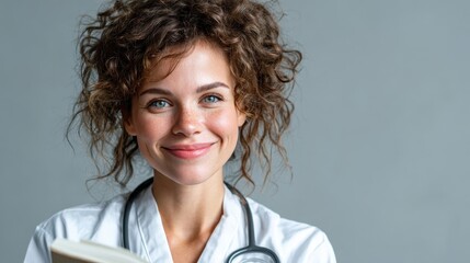 A cheerful young medical professional is smiling while holding an open book, conveying a sense of knowledge, compassion, and dedication in her practice.