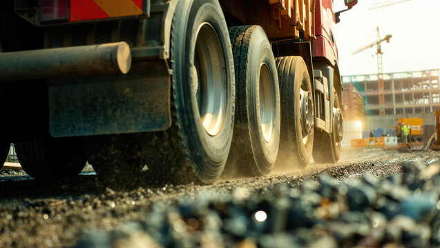 Low-angle view of a dump truck's wheels moving over gravel at a busy construction site, with dust rising and cranes visible in the background under the warm evening light