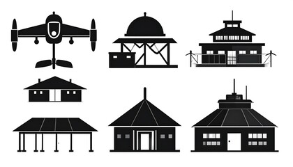 Naklejka premium Silhouette illustrations of various structures, including a drone, a shelter, and several types of buildings.