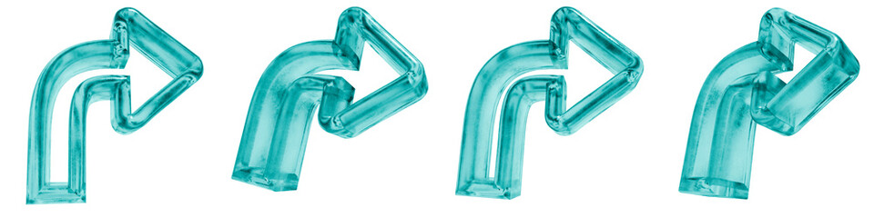 Set of four 3D right side outline shapes in frosted blue ice glass style, isolated on a transparent background. Glassmorphism icons and 3D elements for modern graphic design.