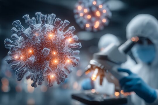 A detailed microscopic view of a coronavirus cell with medical personnel researching vaccine, in a modern laboratory, showcasing pandemic research and scientific advancements. - Powered by Adobe