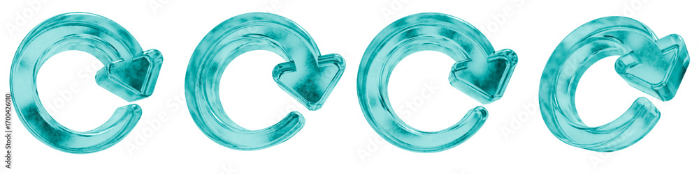 Poster set of four 3d rotate right arrow shapes in frosted blue ice glass style, isolated on a transparent 