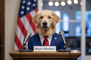 Mayor Winston addresses the nation with confidence in a tailored suit and patriotic backdrop