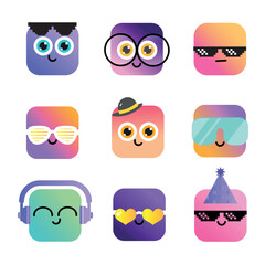 Colorful Square Emoji Icons with Fun Expressions and Accessories (MJ051)