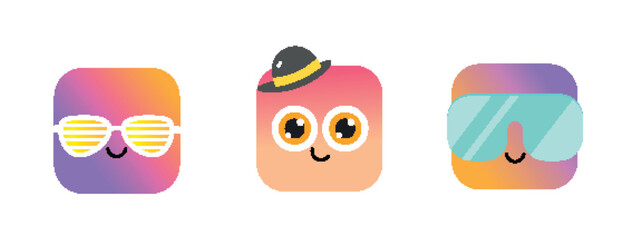 Kawaii Gradient Emoji Set With Shutter Shades Bowler Hat And Ski Goggles (MJ053)
