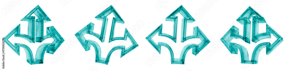 Poster set of four 3d route arrows up outline shapes in frosted blue ice glass style, isolated on a transpa