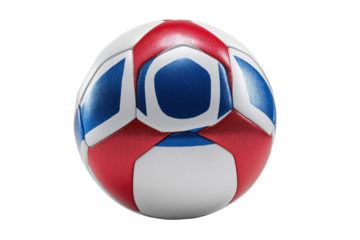 A Bright Red White and Blue Soccer Ball with Hexagonal Panels Isolated on White for Sports Advertising PNG no background