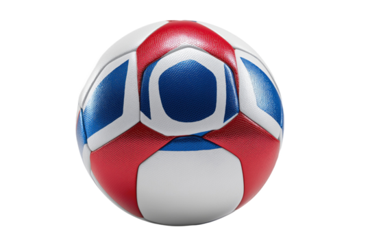 A Bright Red White and Blue Soccer Ball with Hexagonal Panels Isolated on White for Sports Advertising PNG no background
