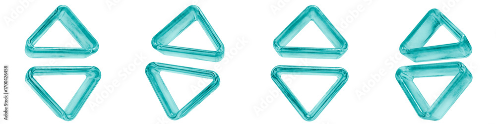 Poster set of four 3d sort arrows outline shapes in frosted blue ice glass style, isolated on a transparent