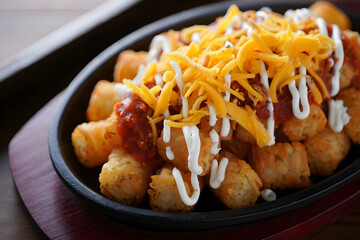 Delicious loaded tater tots topped with cheese sauce and drizzle