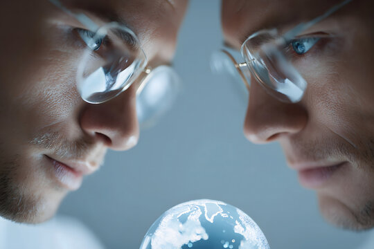 Business meeting, hologram and futuristic: Two men look intently at miniature globe with thoughtful expressions, envisioning successful futuristic business negotiation