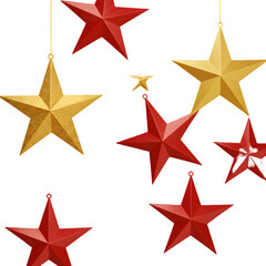 Golden and Red Star Decorations Hanging on a Transparent Background Illustration