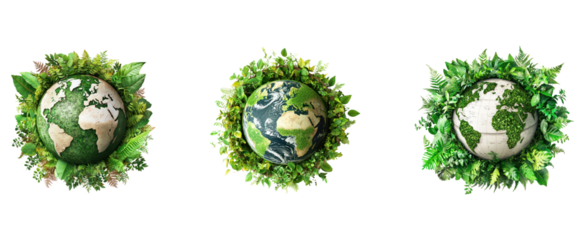 Collection of globe surrounded by green leaves and plants, emphasizing the importance of protecting the environment. full length isolate on transparent background