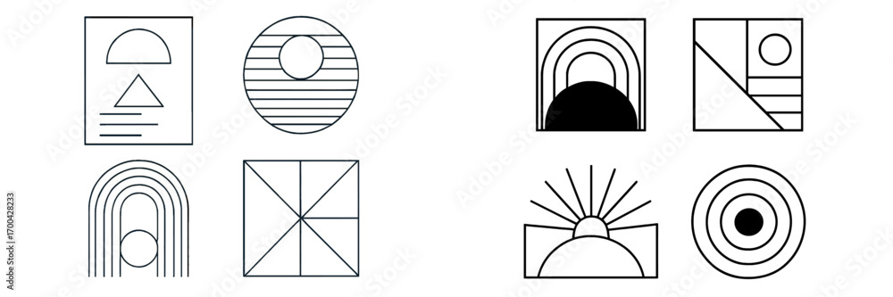 Aufkleber set of minimalist geometric icons with abstract shapes and line art elements for modern design and b