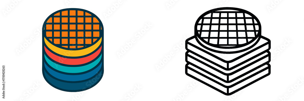 Poster silicon wafer icon set for semiconductor manufacturing and microchip technology, with color and line