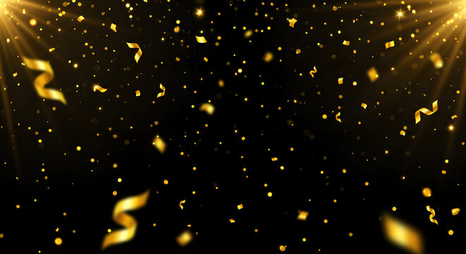 Golden confetti falling against black background with bright lights  