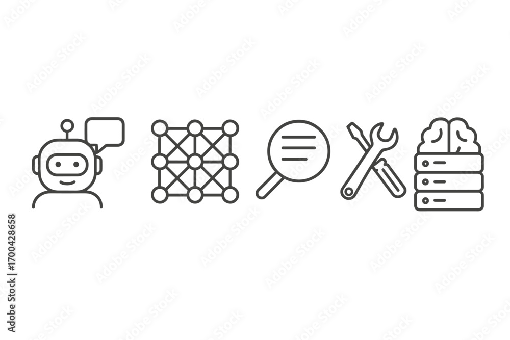 Poster machine learning and technology concepts featuring a chatbot, neural network, data search tools, and