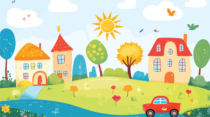 Fototapeta premium Autumn landscape with houses and trees in a rural countryside illustration