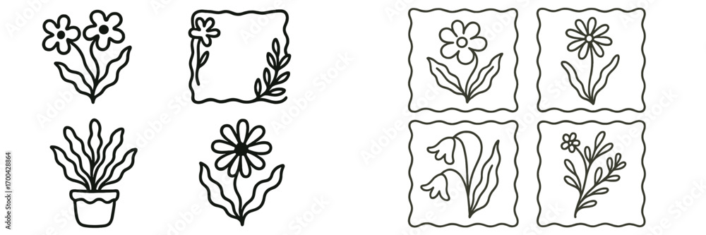 Poster set of minimalist flower and plant doodles in a simple line art style with botanical icons and flora