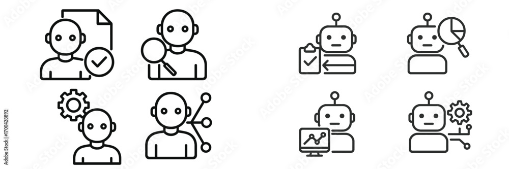 Poster ai and human resources line icon set for business management and data analysis, featuring robot and 