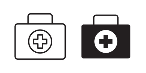 First aid kit icon.  Medical emergency equipment. Healthcare concept. Vector illustration with stroke and fill on a white background.