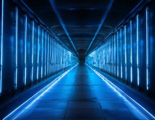 neon blue lights with moving along dark tunnel illuminated