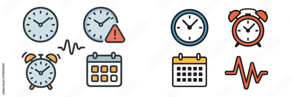 Poster time management and scheduling icon set with clock, alarm, calendar, and deadline symbols for projec