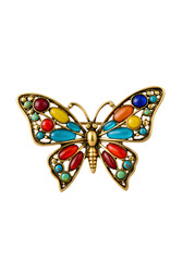 Golden Butterfly Brooch With Colorful Gemstones Isolated On Black Background
