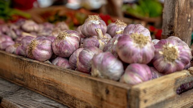 Fresh garlic in a wooden box at the market, natural products, farmer&rsquo;s produce close-up.