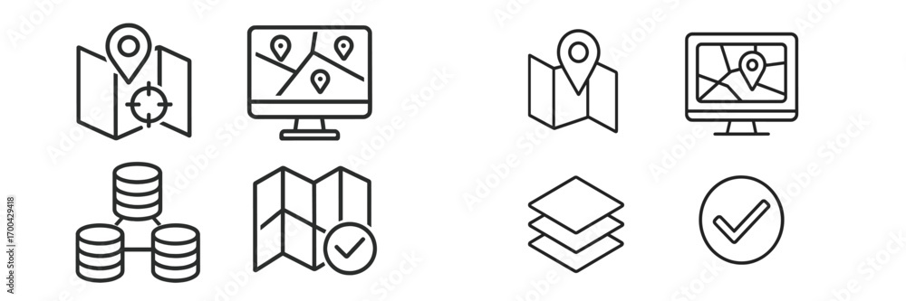 Poster gis and mapping technology line icon set for location data, navigation, and cartography with map pin